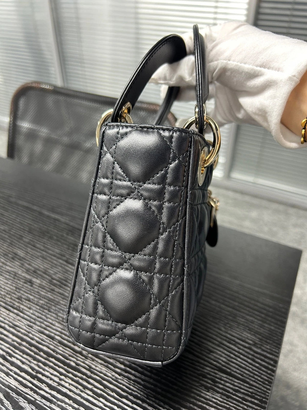 Dior Black Gold Lambskin 3-grid Lady Dior Chain Shoulder Bag For Women