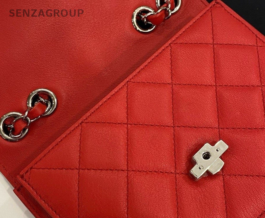 Chanel Cuba Series 18P Lambskin Chain Shoulder Bag Red Silver Women Classic