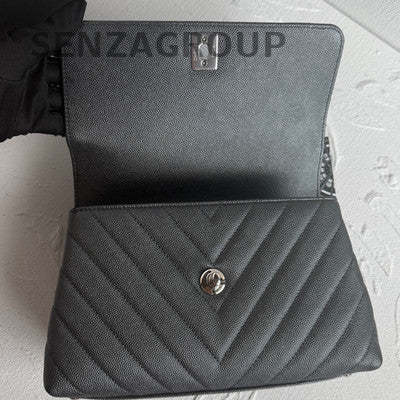 Chanel Coco Handle V-Stitch Black Silver Top Handle Chain Crossbody Bag