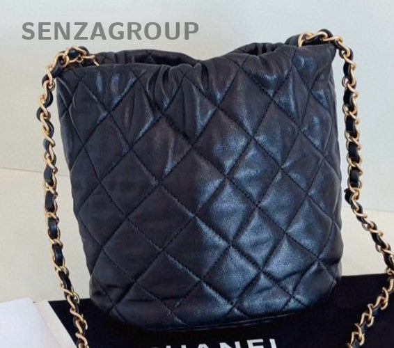 Chanel Diamond Chain Bucket Shoulder Bag Crossbody Black Gold Women Classic