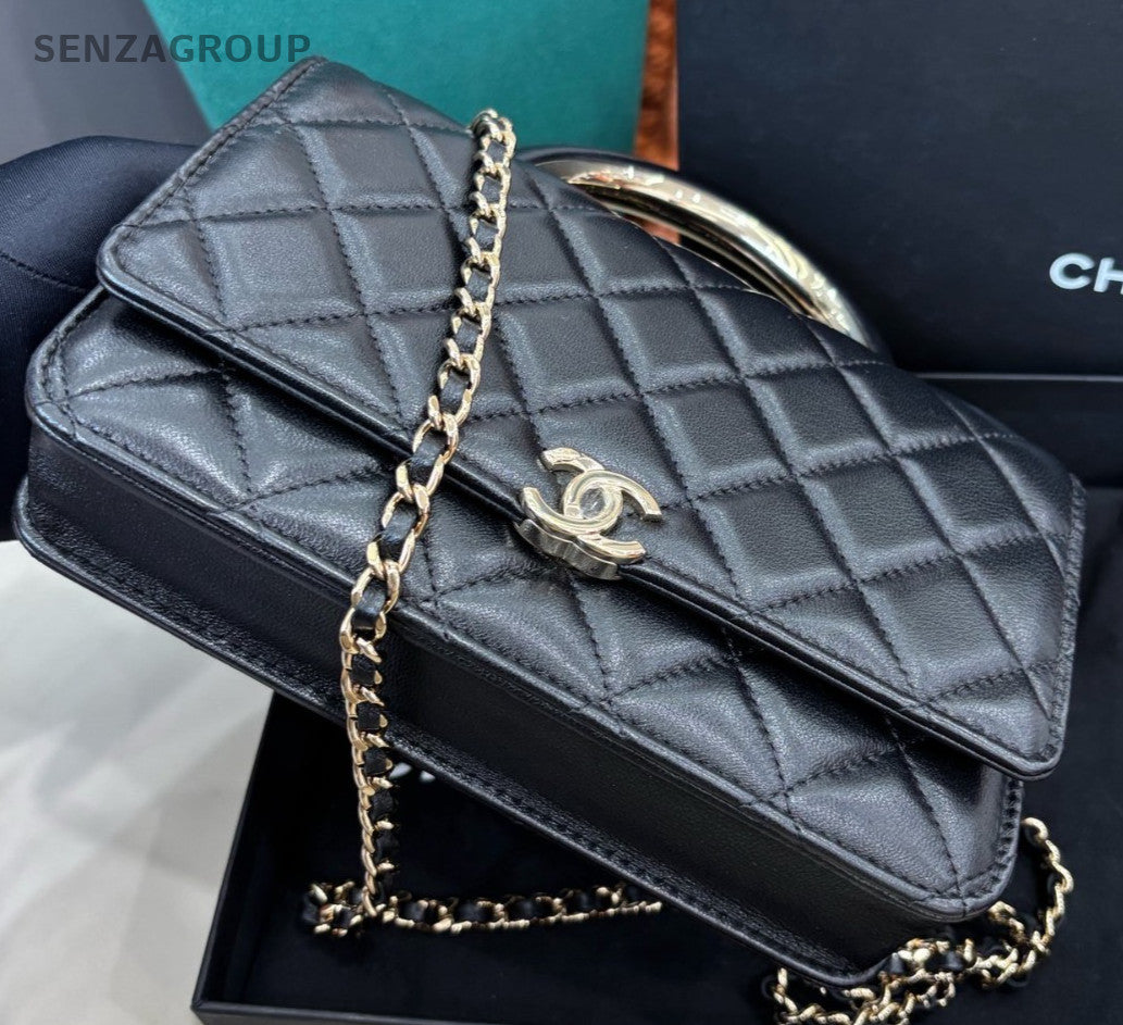 Chanel WOC Diamond Chain Shoulder Bag Crossbody Black Gold Women Classic