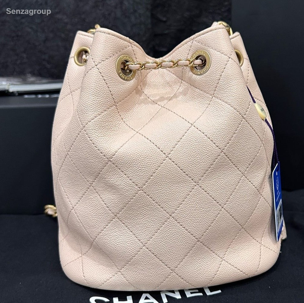 Chanel Diamond Calfskin Bucket Top Handle Chain Crossbody Pink Gold Women