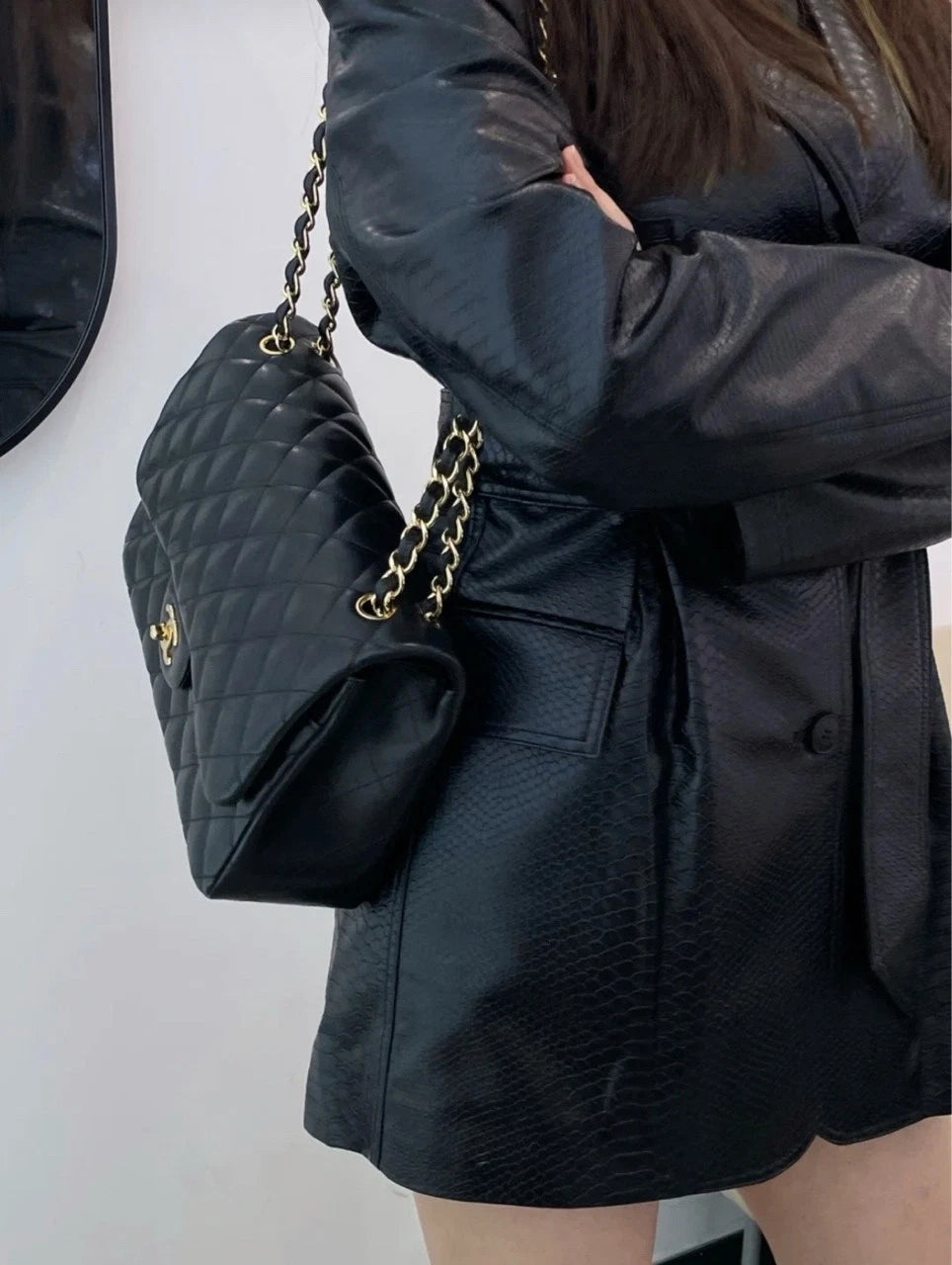 CHANEL Classic Flap Jumbo Black Leather Shoulder Bag For Women