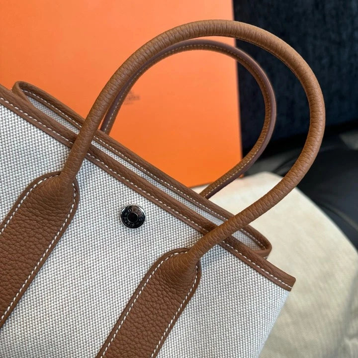 Hermes Garden Party Canvas Mini Top Handle Bag Brown Silver Women Classic D
