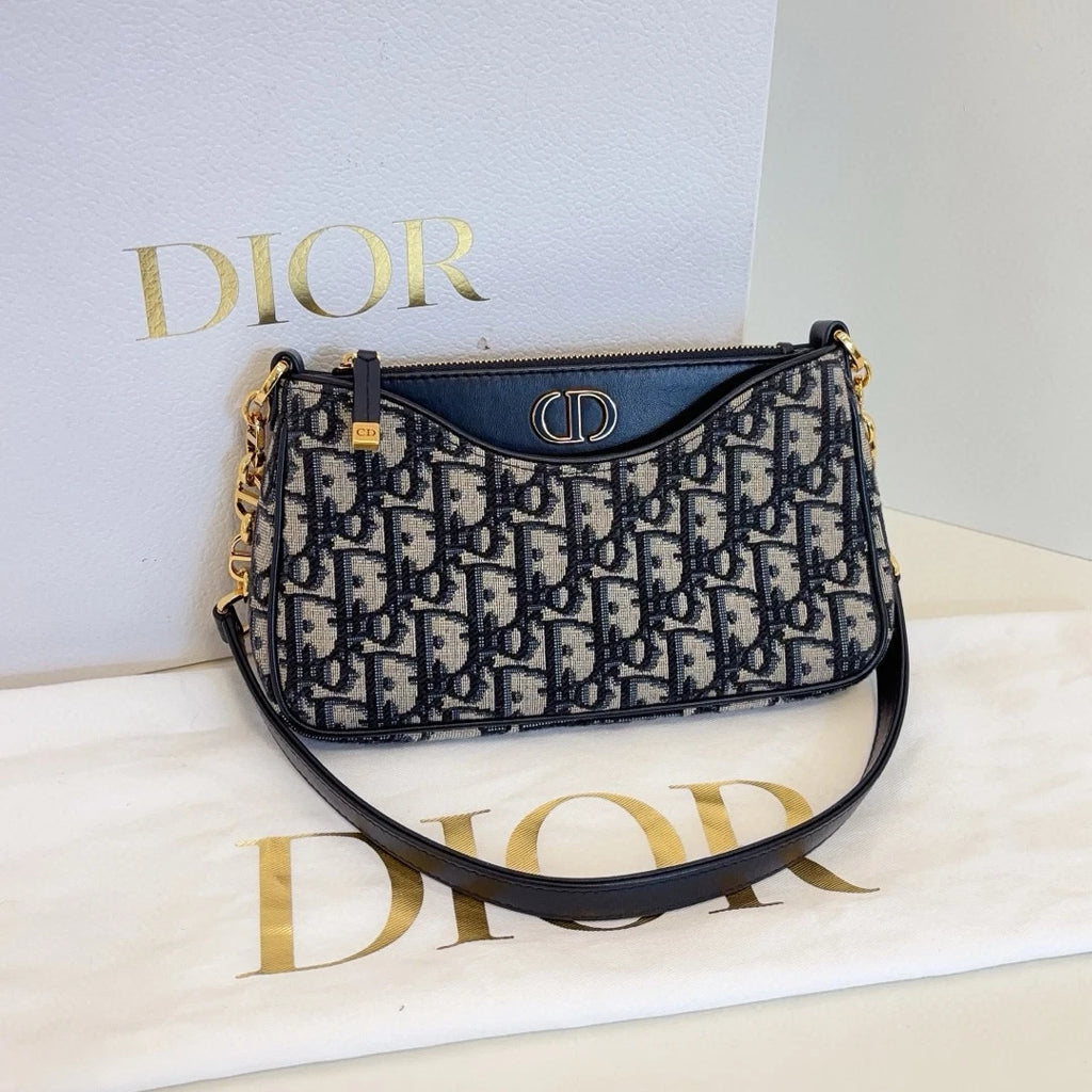 Christian Dior Hobo Avenue Canvas Shoulder Bag Blue Gold Used Women Classic