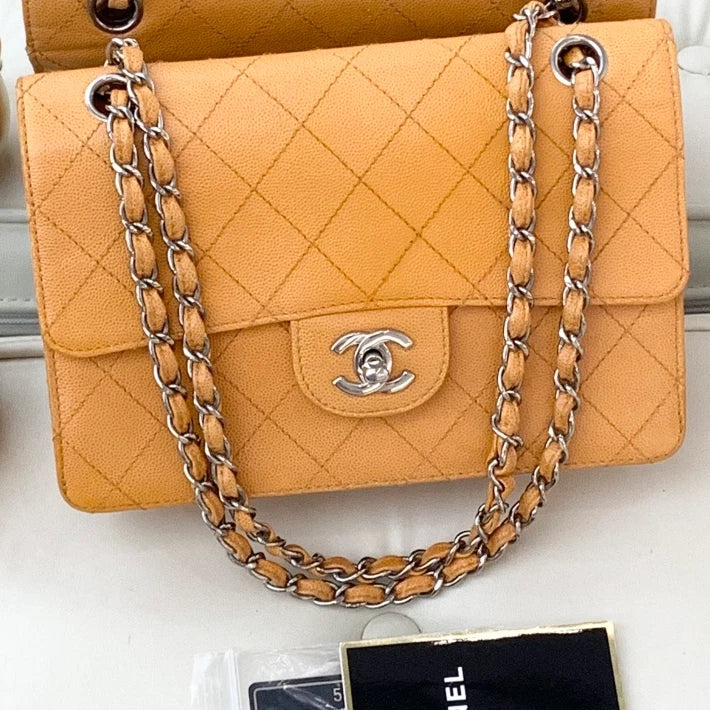 Chanel Classic Flap Chain Calfskin Shoulder Crossbody Bag Orange Women S
