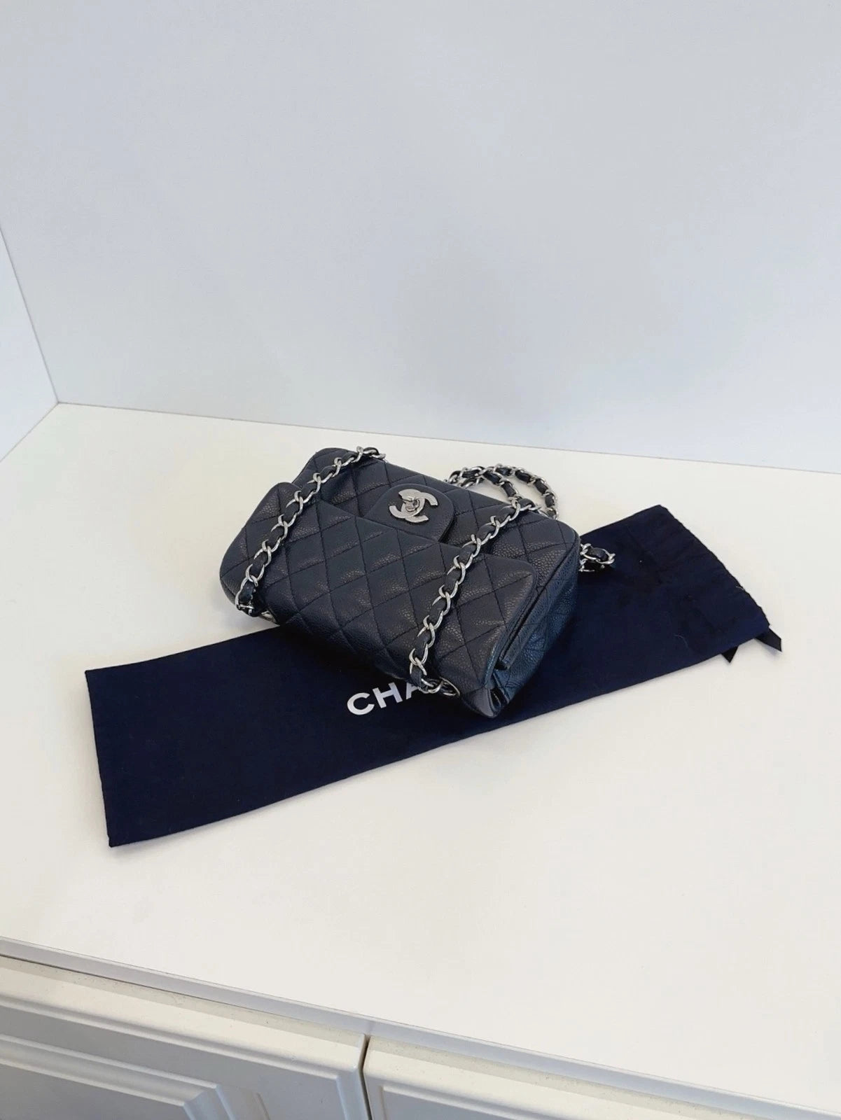 Chanel Flap Mini Crossbody Shoulder Bag Black Silver Excellent
