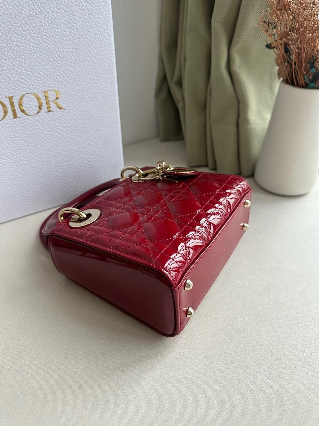 Dior Red Patent Leather 3-Grid Lady Dior Handbag For Women