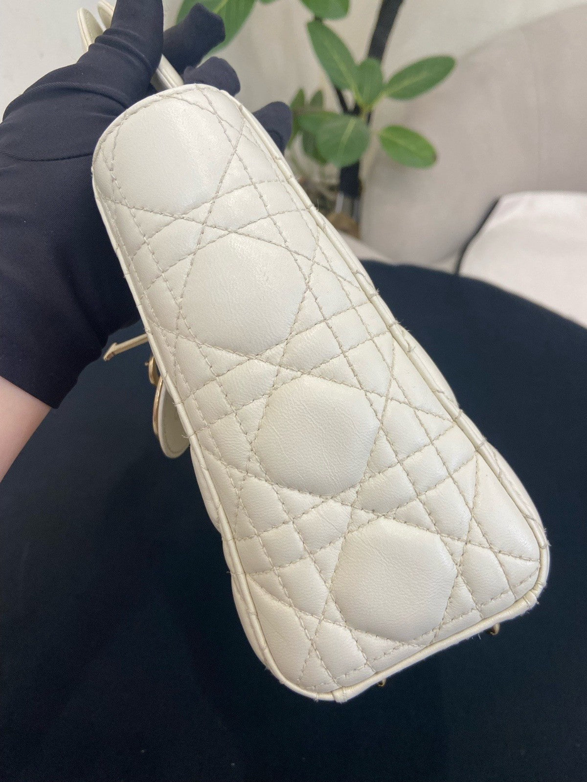 Christian Dior Lady Dior Cannage Crossbody Top Handle Bag White Gold Women