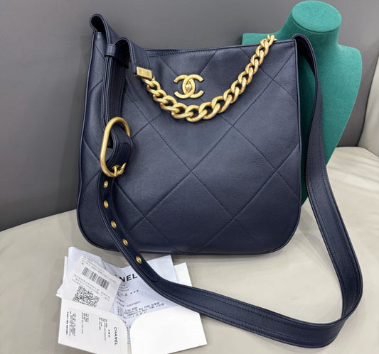 Chanel Calfskin Hobo Chain Shoulder Bag Crossbody Blue Gold Women Classic