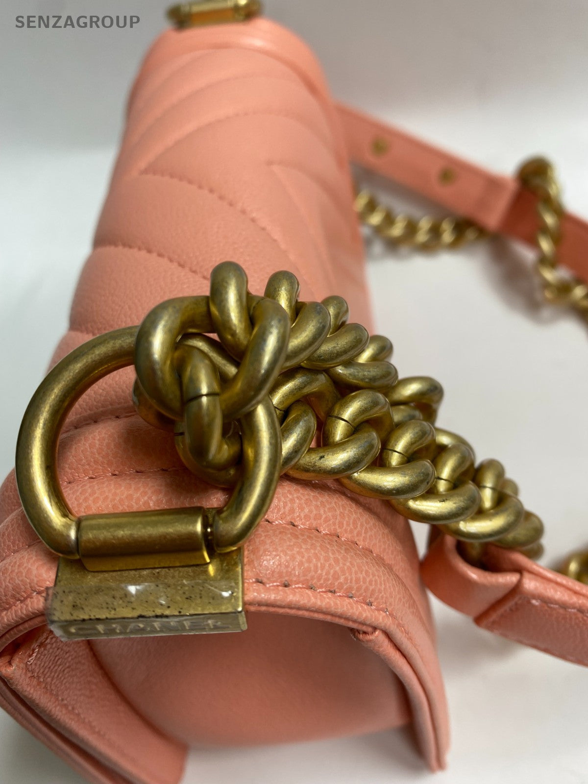 Chanel Leboy PM Chain Shoulder Bag Pink Gold Chevron Women Classic Fashion