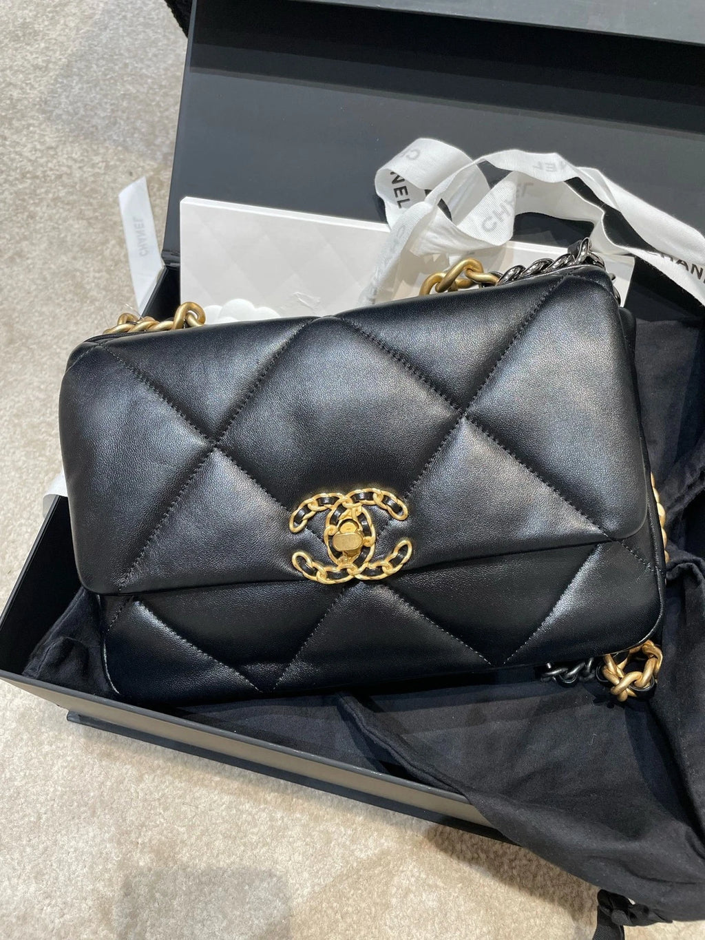CHANEL 19 Black Gold Small Lambskin Shoulder Bag For Women