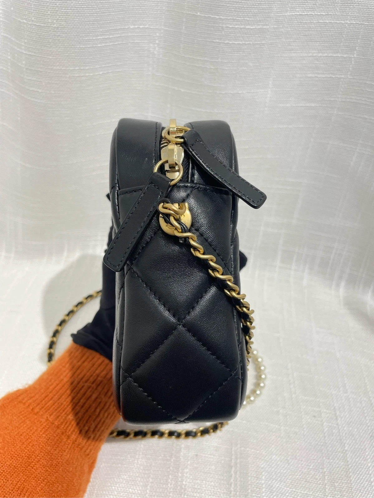 CHANEL Leather Mini Pearl Chain Camera Crossbody For Women