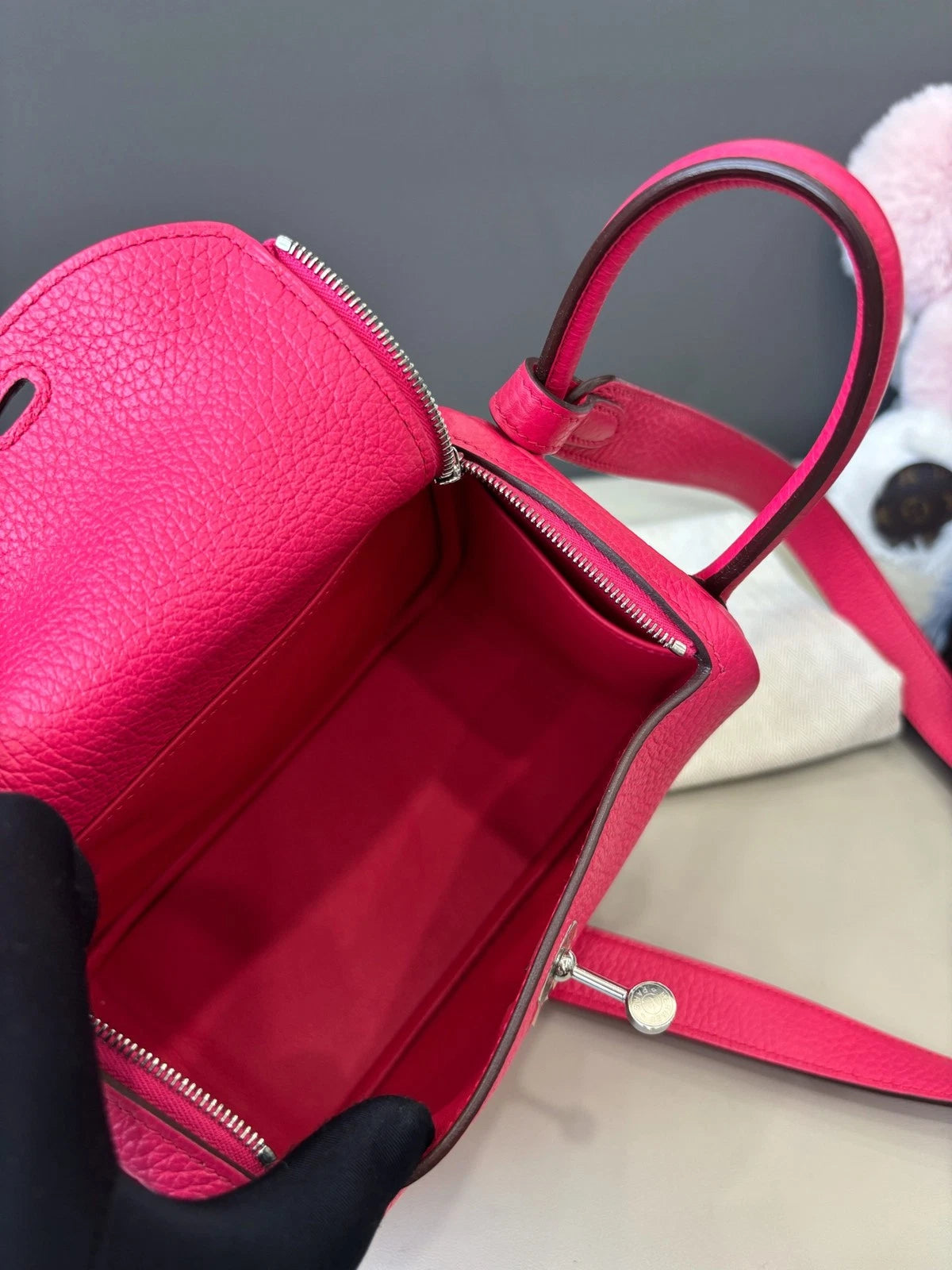 Hermes Lindy Mini TC Leather Top Handle Shoulder Bag Pink Silver Women Classic