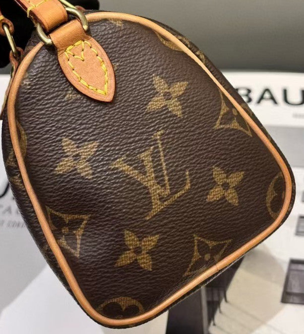 Louis Vuitton Speedy Nano Monogram Top Handle Bag Crossbody Brown Gold Women
