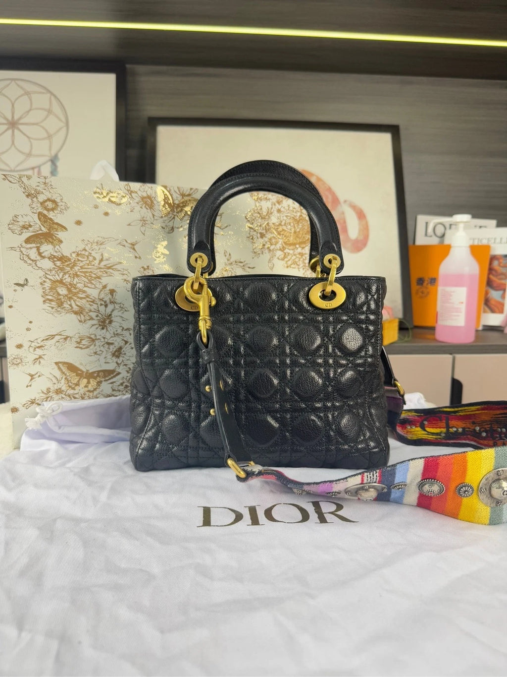 Dior Black Gold Waxed Leather 5-Grid Lady Dior Bag For Women