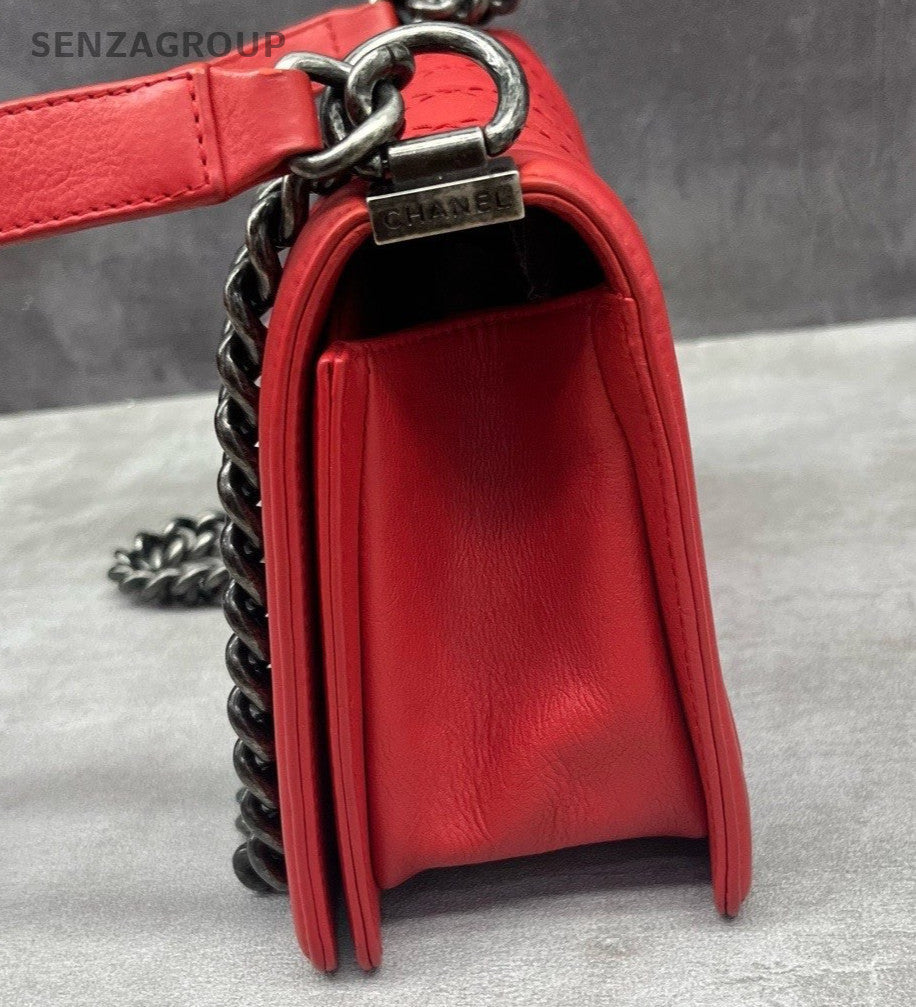 Chanel Leboy MM Calfskin Chain Shoulder Bag Red Silver Women Classic