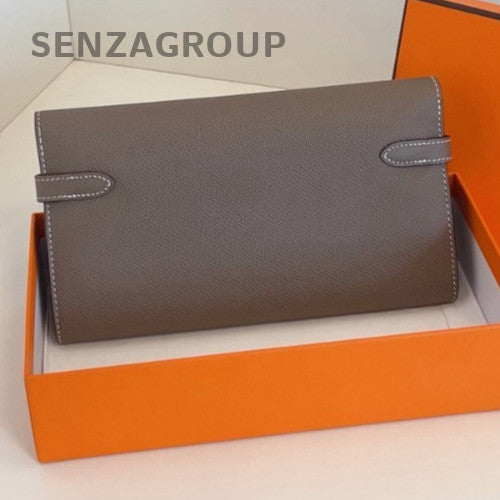 Hermes kelly Epsom Leather long Wallet Crossbody Gray Silver Women Classic
