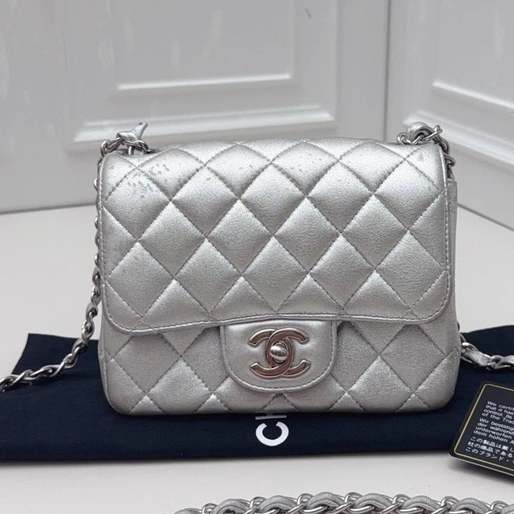 Chanel Classic Flap Mini Lambskin Silver Diamond Chain Shoulder Bag Crossbody