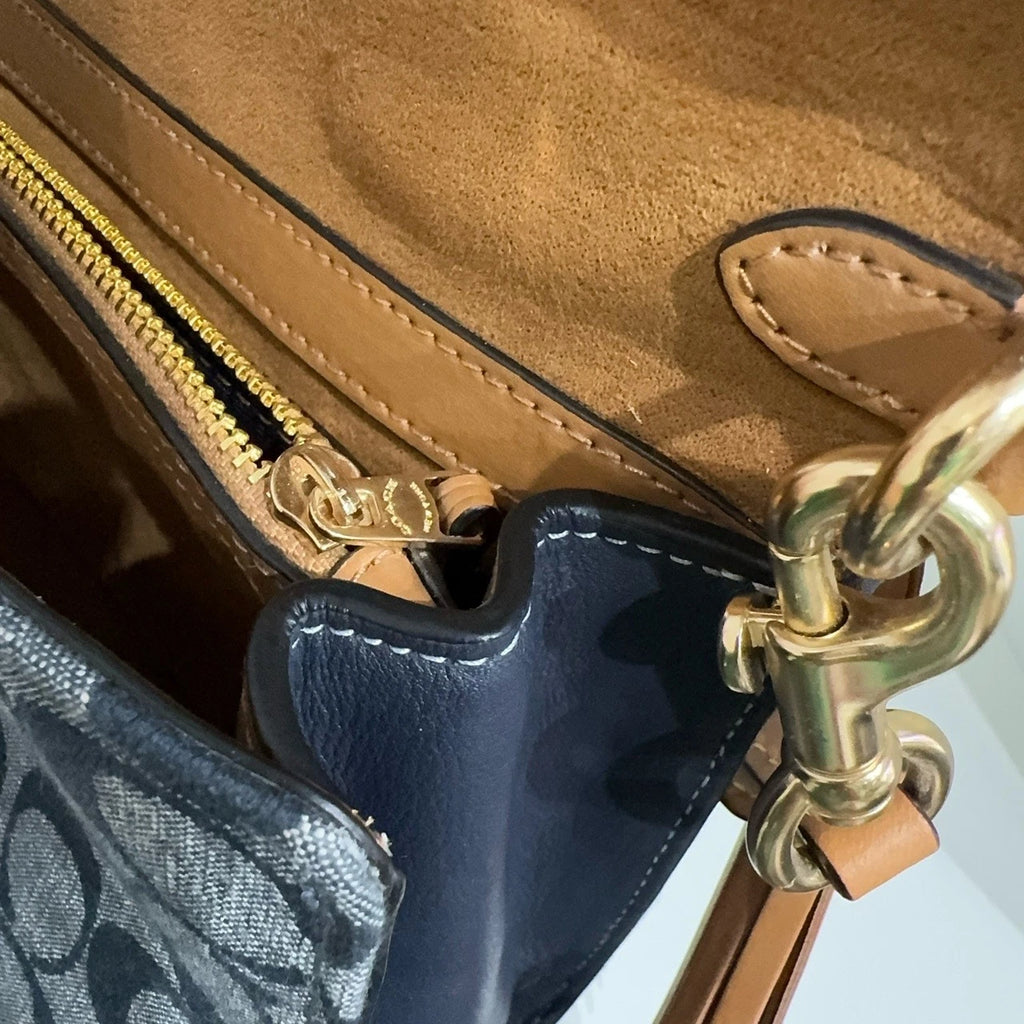 Coach Women's Denim Blue Logo Print Flap Shoulder Crossbody Handbag Medium