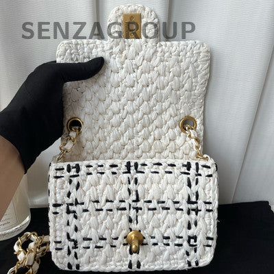 Chanel CF Black White Raffia Chain Shoulder Crossbody Bag Women