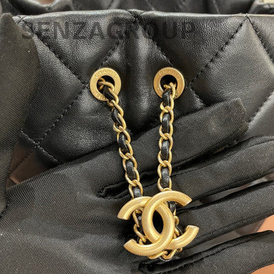 Chanel Quilted Pearl Drawstring Chain Bucket Bag Black Gold Shoulder Bag