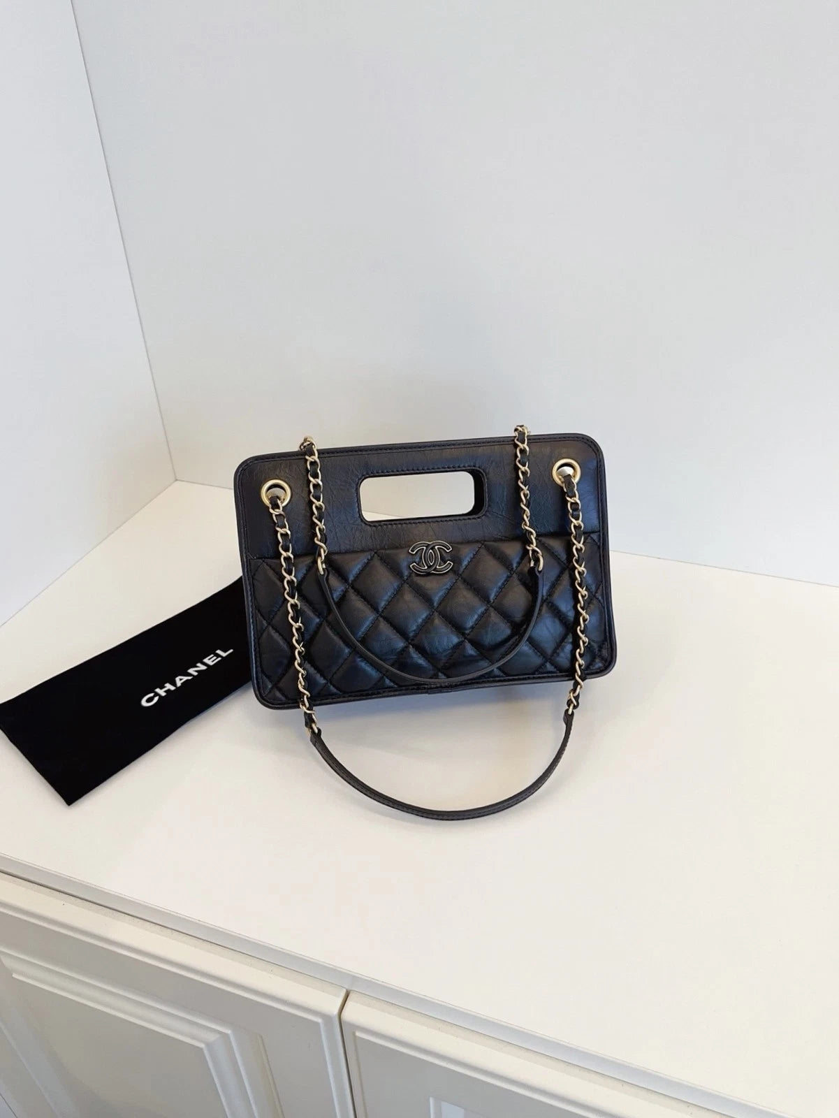 Chanel Vintage Chain Briefcase Caviar Leather Handbag Crossbody Bag Black