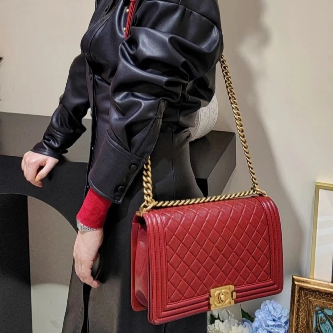 Chanel Leboy Lambskin Chain Shoulder Crossbody Bag Red Gold Hardware Women S