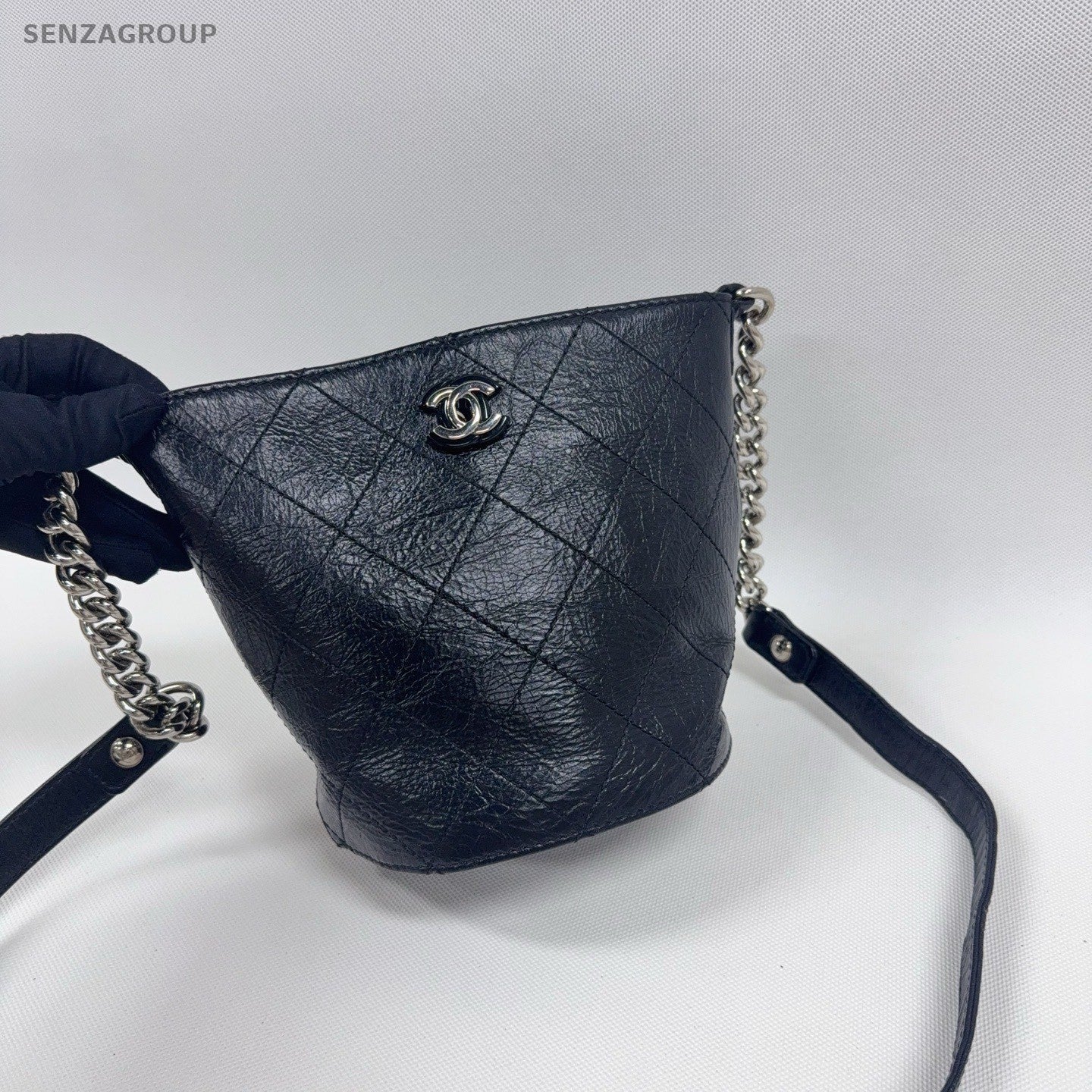 CHANEL Bucket Oil wax leather Chain Shoulder bag Crossbody Black Silver Women