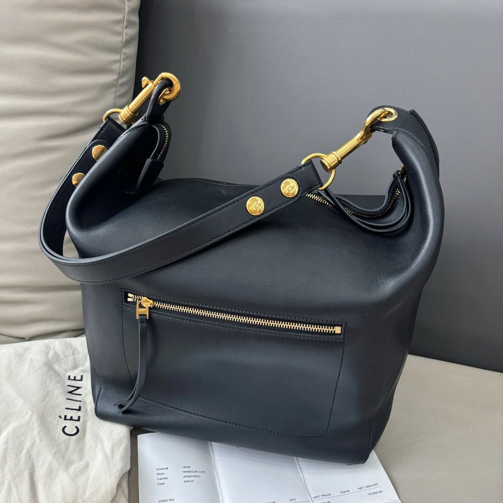 Authentic Celine Zipped Hobo Black Calfskin Shoulder Bag with Gold Hardware