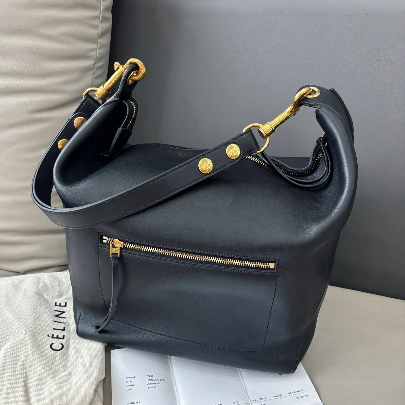 Authentic Celine Zipped Hobo Black Calfskin Shoulder Bag with Gold Hardware