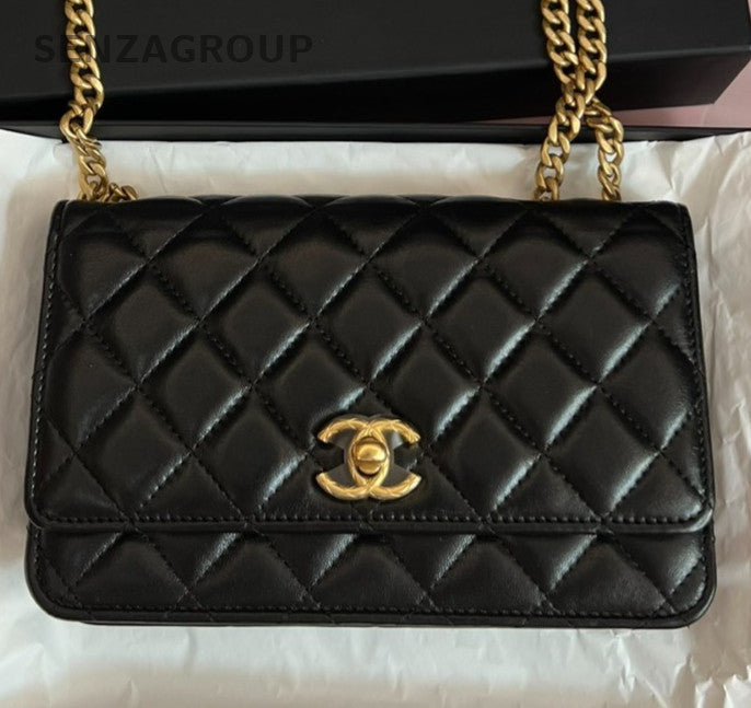 Chanel Diamond WOC Chain Shoulder Bag Crossbody Black Gold Women Classic