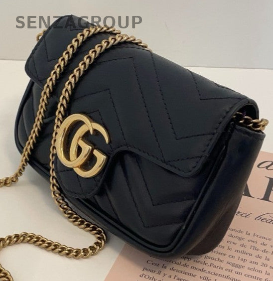 Gucci Marmont Super Mini Chain Shoulder Bag Crossbody Black Gold Women Classic