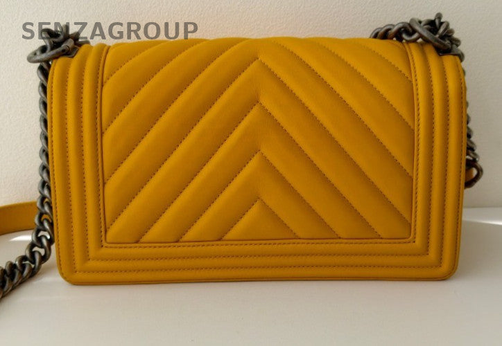 Chanel Leboy MM Lambskin Chain Shoulder Bag Yellow Silver Used Women Classic