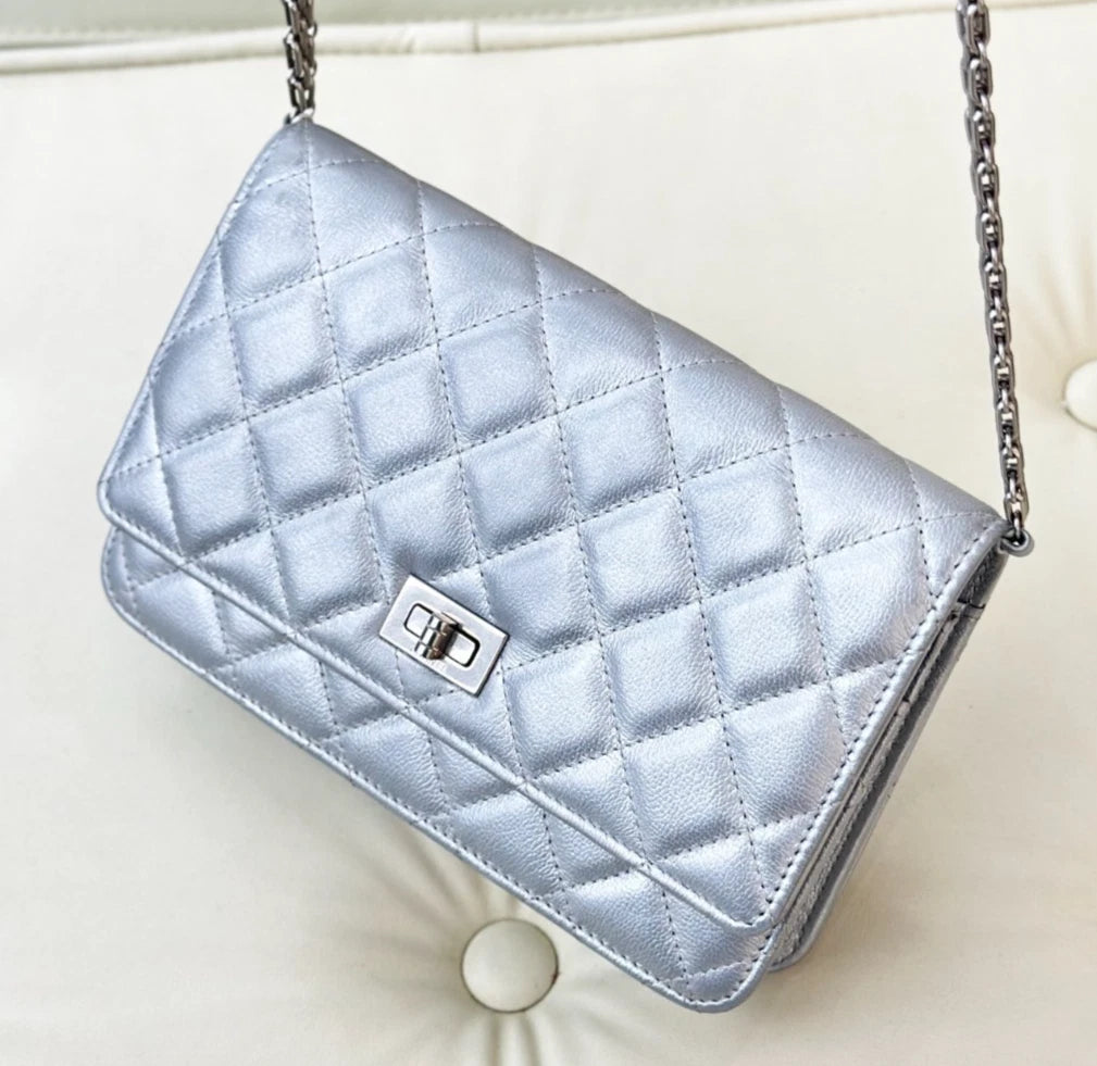 Chanel 2.55 WOC Calfskin Chain Shoulder Bag Crossbody Silver Diamond Women S