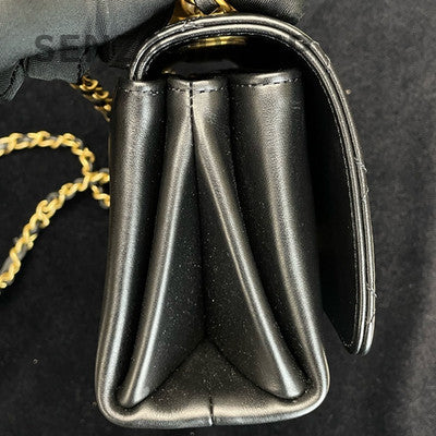 Chanel 21A Black Gold Quilted Shoulder Bag with Pearl Chain