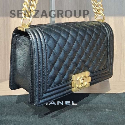 Chanel Le Boy Medium Black Gold Chain Crossbody Shoulder Bag Classic