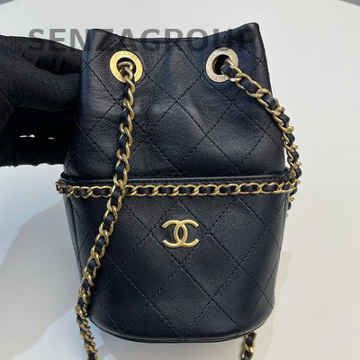 Chanel 25C Black Gold Lambskin Chain Bucket Bag Classic Women's Crossbody