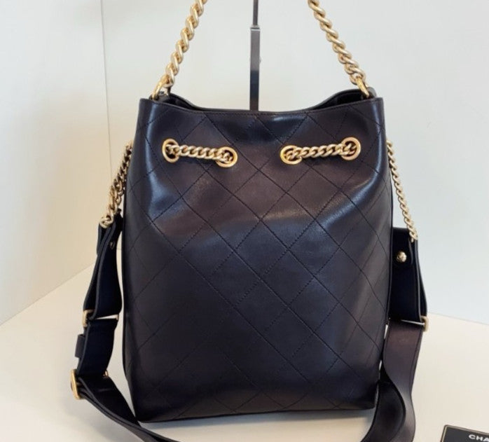 Chanel Calfskin Hobo Bag Chain Top Handle Shoulder Bag Black Gold Women Classic