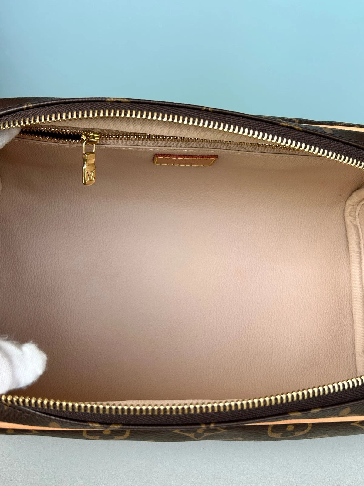 Louis Vuitton Dopp Kit Monogram Clutch Brown Gold Women Classic