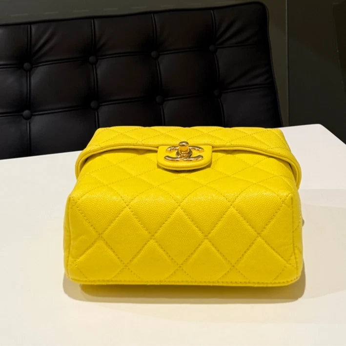 CHANEL Lemon Yellow Box Top Handle Crossbody Bag Diamond Women Classic