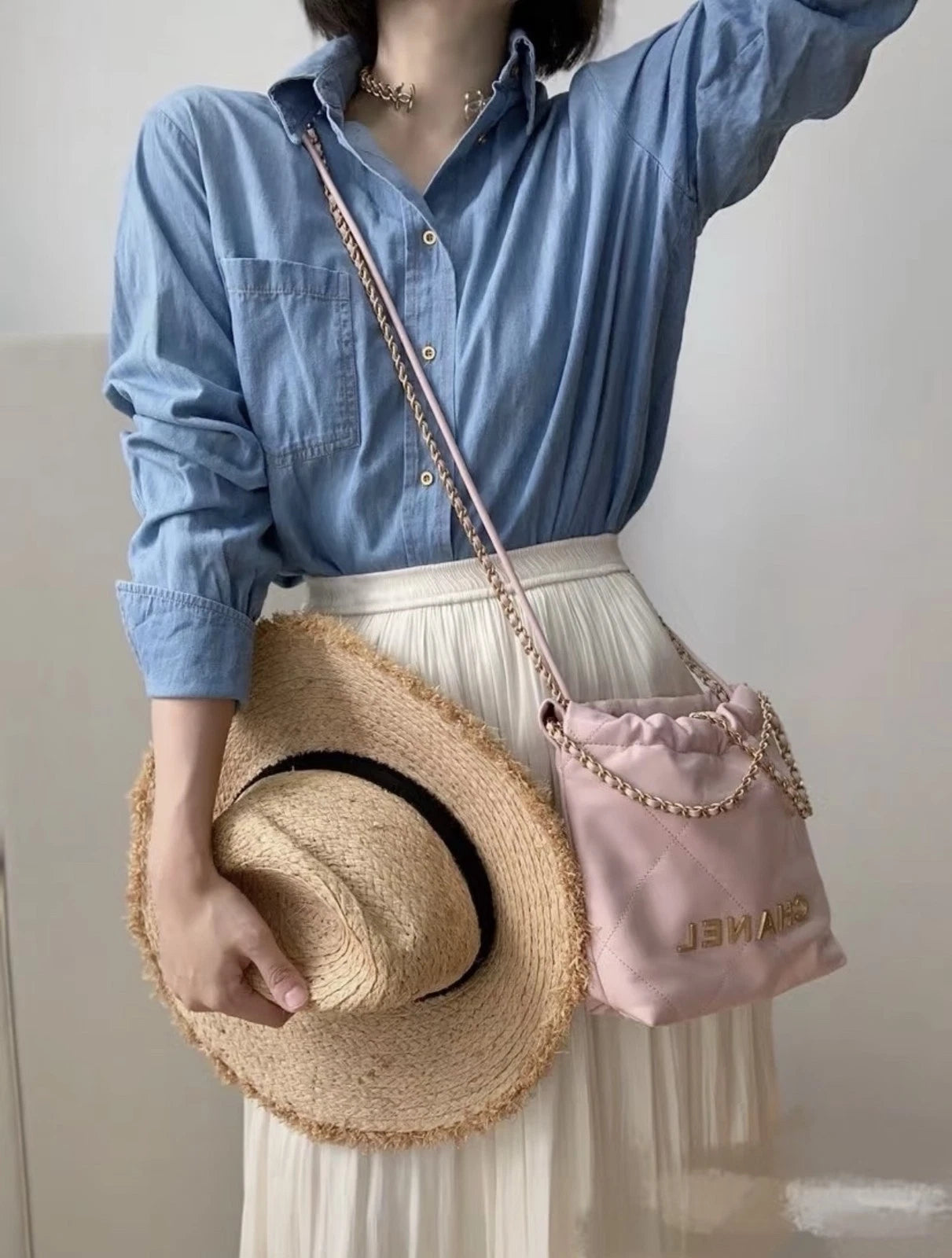 CHANEL 22bag Mini Light Pink Leather Shoulder Crossbody Women