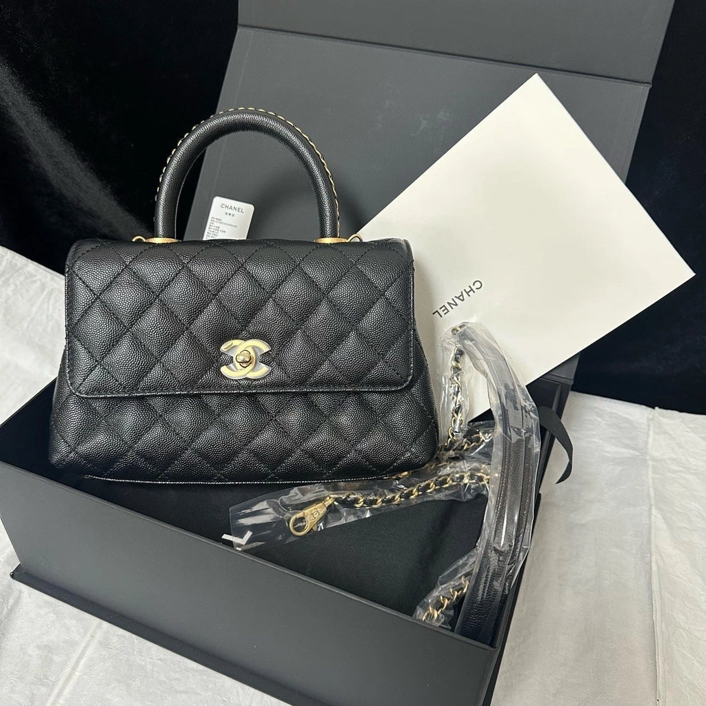 CHANEL Coco Handle Small Black Leather Top Handle Bag For Women
