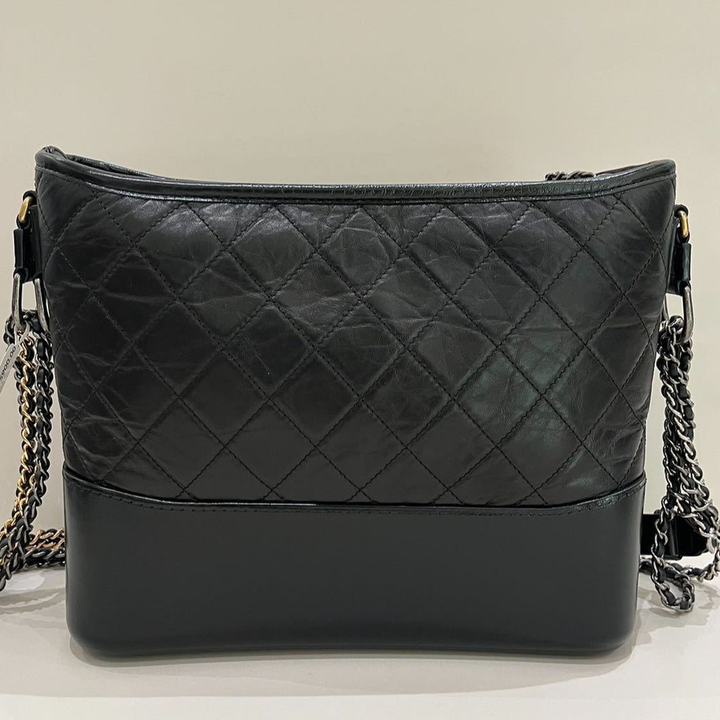 Chanel Gabrielle Medium Chevron Chain Shoulder Bag Black Gold Women's