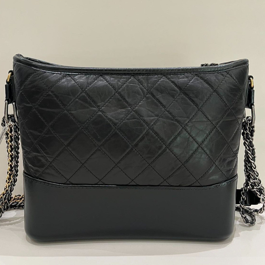 Chanel Gabrielle Medium Chevron Chain Shoulder Bag Black Gold Women's