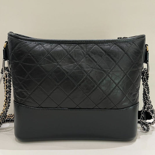 Chanel Gabrielle Medium Chevron Chain Shoulder Bag Black Gold Women's