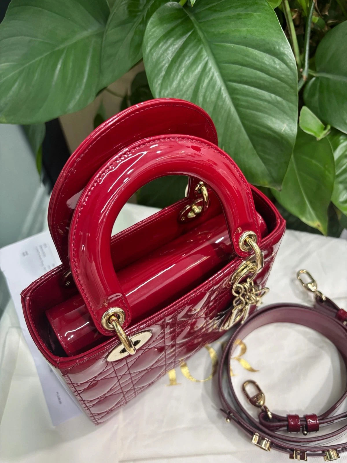 Dior Lady Dior Red Shoulder Bag Top Handle Excellent