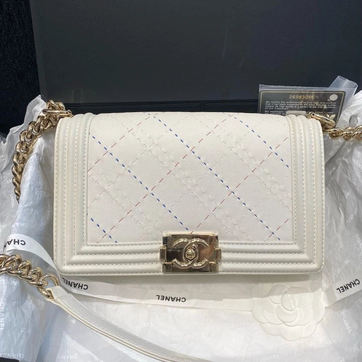 Chanel Leboy MM Calfskin Shoulder Crossbody Bag White Gold Women Fashion D