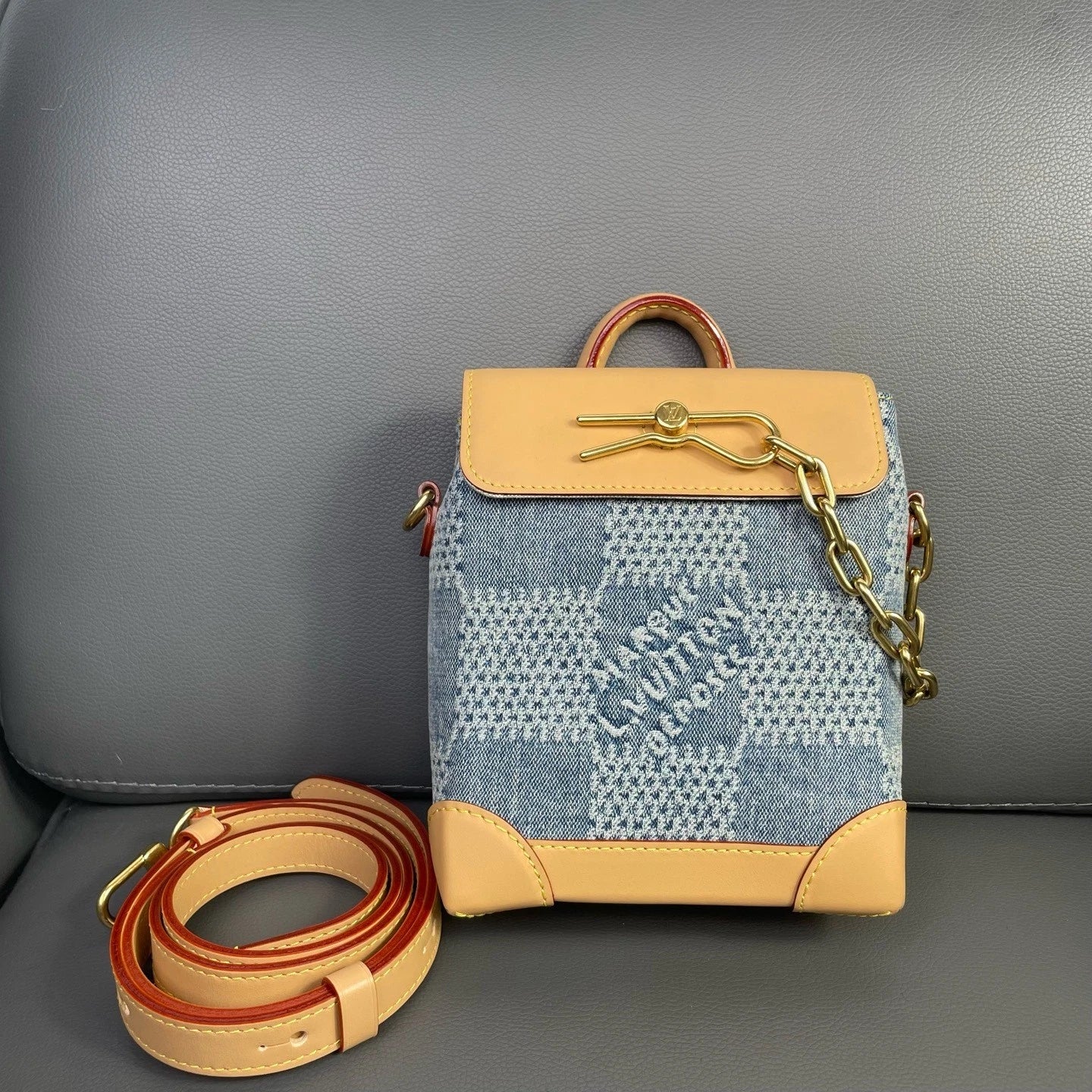 Louis Vuitton Nano Steamer Denim Checkered Crossbody Bag For Women