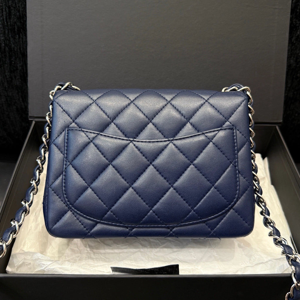 Chanel Classic Flap Lambskin Chain Crossbody Blue Silver Diamond Women Fashion
